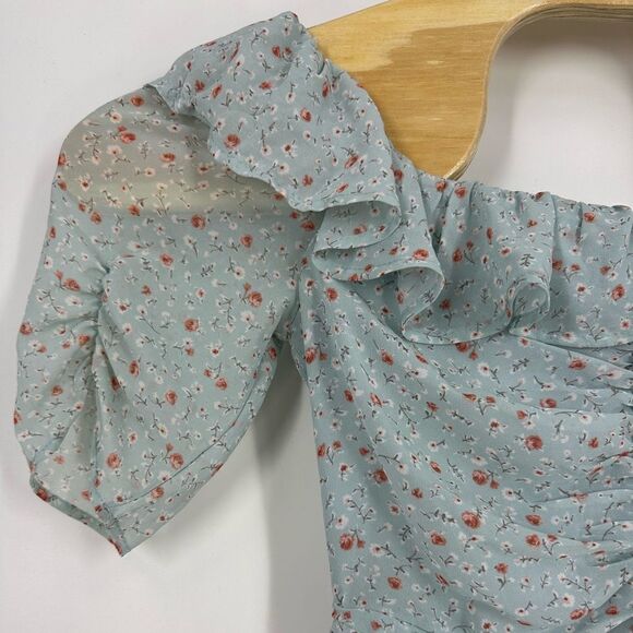 ASTR THE LABEL Teal Floral Ditsy Ruched Mini Dress Sz S - Picture 5 of 10